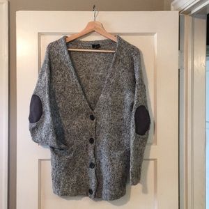 Gray cardigan with “leather” elbow patches